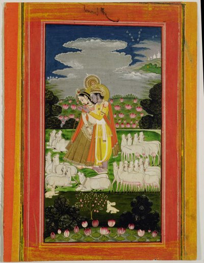 Radha和Krishna在奶牛的理想化景观中拥抱，1780年（纸上不透明的wc） 作者 印度学校
