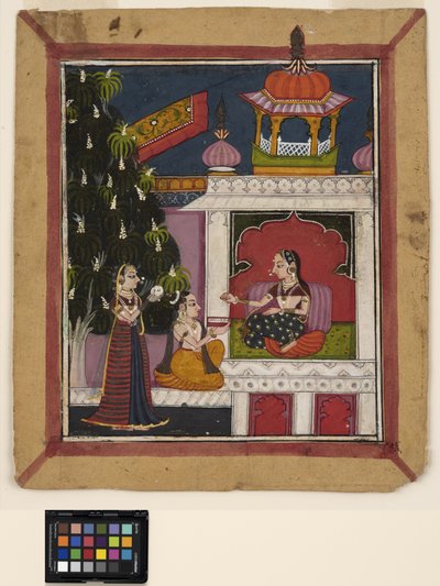 ? Raga: A kneeling man offers a book to a lady in a pavilion, c.1800 (opaque watercolor on paper) 作者 印度学校