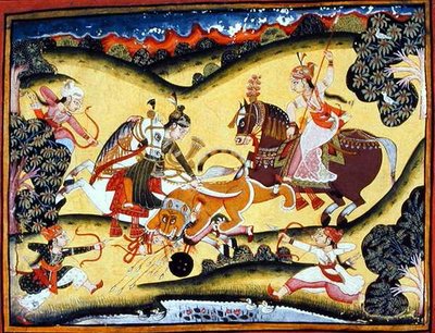 拉齐普特族公主杀狮，邦迪学校，约1810-20（纸上水粉画） 作者 印度学校