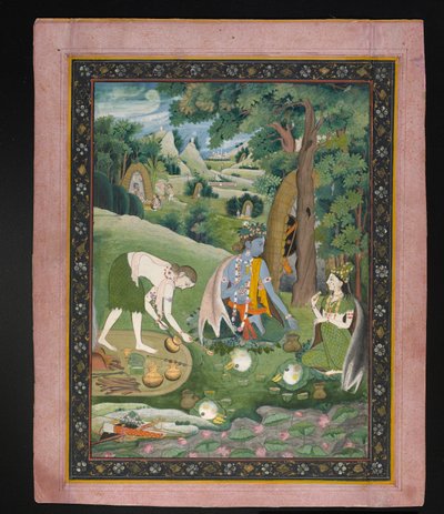 Rama，Lakshmana和Sita在荒野中烹饪和饮食，1820年（纸上有金色的水粉） 作者 印度学校
