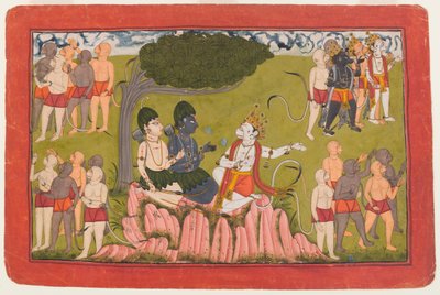 Rama和Lakshmana与Sugriva讨论了寻找Sita的内容，来自分散的Ramayana系列的作品集，c.1770-10（wc on paper） 作者 印度学校