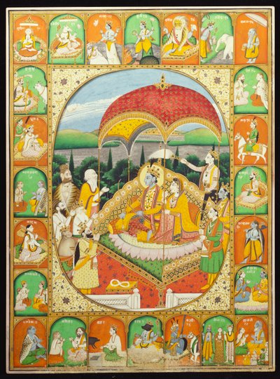 拉玛（Rama）和西塔（Sita）登基，希瓦（Shiva），哈努曼（Hanuman）等人朝拜，1800-20年 作者 印度学校