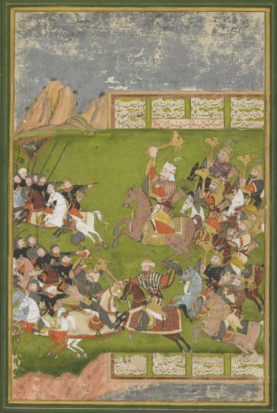 Rustam击败Afrasiyab，从Shahnama，莫卧儿王朝（不透明的wc＆黄金在纸上） 作者 印度学校