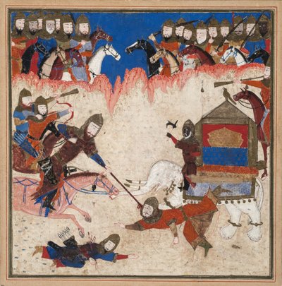 Rustam lassos中国的Khaqan并将他从他的大象身上拉下来，c.1450（不透明的wc和黄金在纸上） 作者 印度学校