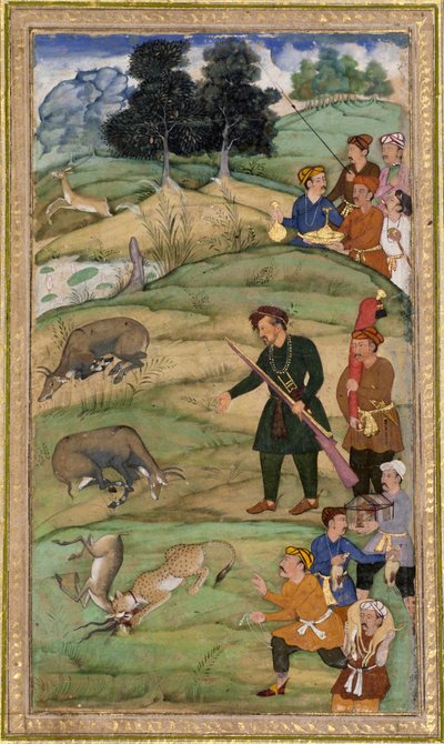 Salim拿着他的步枪，指着一个死的nilgai，c.1600（不透明的wc＆黄金在纸上） 作者 印度学校