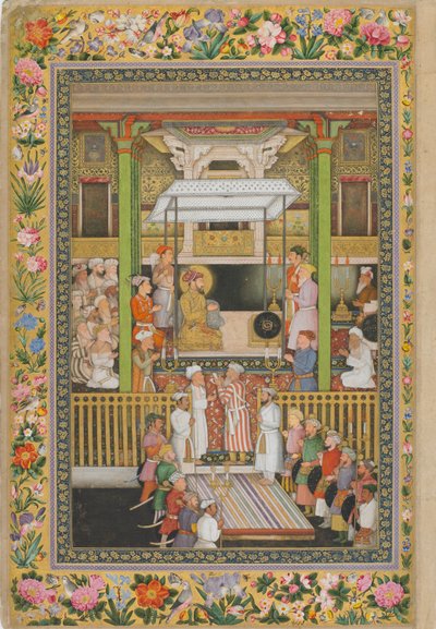 Shah Jahan荣获宗教正统，圣彼得堡专辑的页面，c.1635（不透明的水彩和纸上的黄金） 作者 印度学校