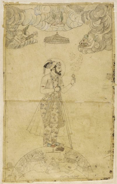 Shah Jahan站在地球仪上（金色和彩色在纸上） 作者 印度学校