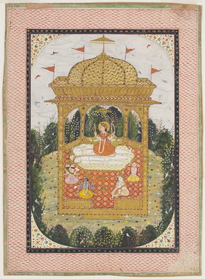 Shakti与Shiva和其他神在一座寺庙，1780年（水粉和镀金在纸上） 作者 印度学校