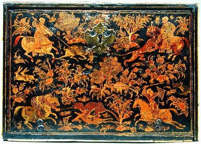 描绘贵族狩猎的书写柜的一面，17世纪（漆木） 作者 印度学校