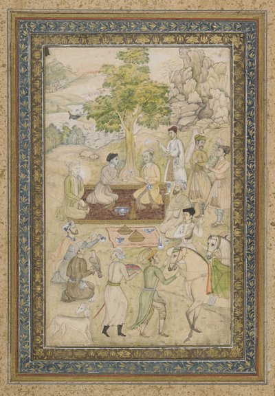Sultan Murad和Sultan Daniyal在一个野餐，独立专辑对开，画作，1900年 作者 印度学校