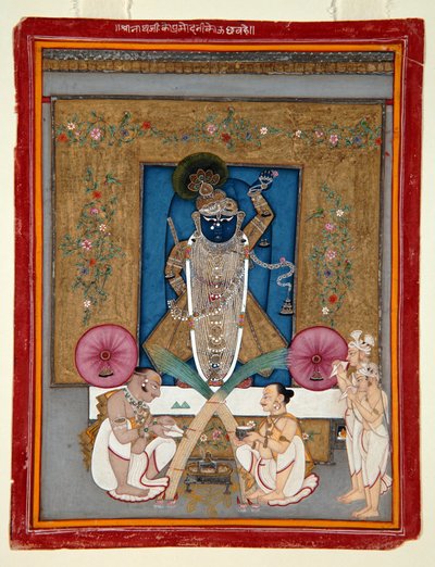 Krishna的崇拜作为Shrinath ji，1800-25（不透明的wc＆黄金在纸上） 作者 印度学校