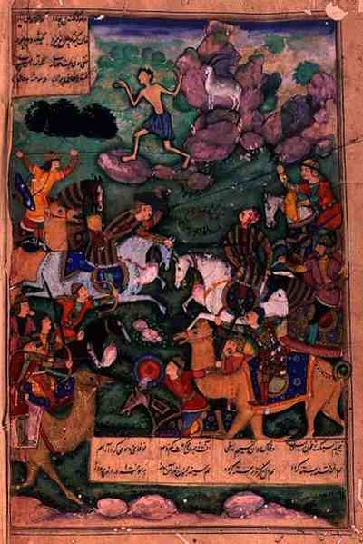 部落之战，来自诗歌Layla和Majnun的作品集15b，由Amir Khusrau Dihlavi（1253-1325）根据Nizami，Mughal，1600的Khamsa（五重奏）的故事撰写 作者 印度学校
