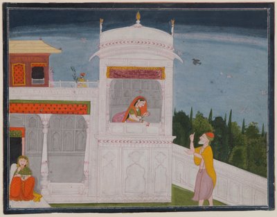 婆罗门Sudama和Rukmini在一个宫殿，从Bhagavata Purana系列的Sudama插曲的页，c.1800或更晚（wc在纸上） 作者 印度学校