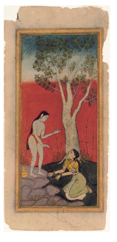 天仙子与圣人恳求，c.1600（纸上不透明的黄金和黄金） 作者 印度学校