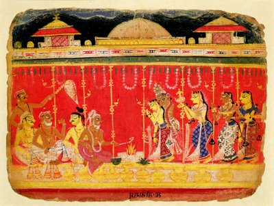 Krishnas父母的婚姻，来自拉贾斯坦邦Mewar的Bhagavata Purana的分散手稿，1520-50（纸上不透明的wc） 作者 印度学校