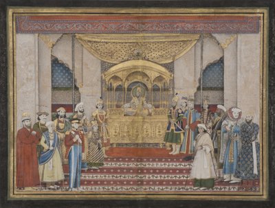 1839年在达巴尔的莫卧儿皇帝Bahadur Shah II（不透明的wc和黄金在纸上） 作者 印度学校