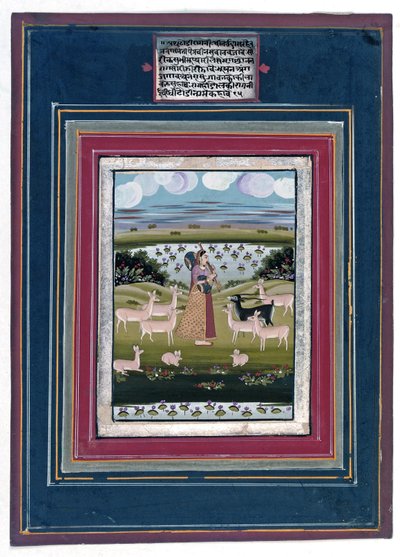 Todi ragini  - 一位女士在动物园里玩vina，1810-20 作者 印度学校