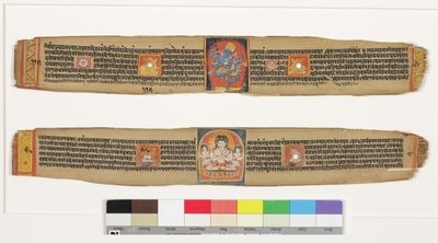 上：跳舞Heruka;下图：Bodhisattva Sadaksari观世音菩萨和服务员，c.1150-1200（不透明的wc和墨水在棕榈叶上） 作者 印度学校