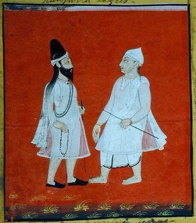 两个流浪的穆斯林法吉尔（jangam）宗教修行者，乌代浦尔，约1810-20（纸上水粉画）（细节）（另见136600）。 作者 印度学校
