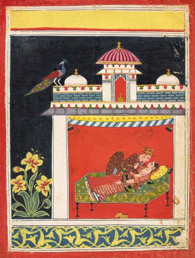 亭子里的一对恋人，选自 "Amarushataka"（《阿马鲁的一百首诗》），或不明情色系列，约 1680 年（纸面不透明水彩和金色）。 作者 印度学校