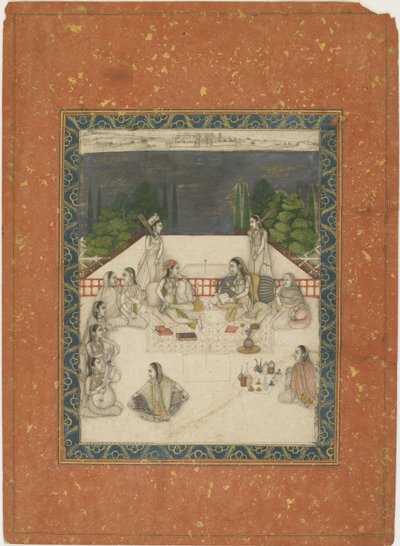 两个女人坐在露台上，被服务员和音乐家包围，c.1650（不透明的wc和黄金在纸上） 作者 印度学校