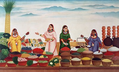 贝纳雷斯的蔬菜和香料市场，1840年 作者 印度学校
