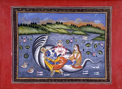 毗湿奴和拉克希米，插图选自卡卢拉玛所著的《薄伽梵书》（Bhagavatapurana.(有福之主的古兰经）"中的插图，作者：卡卢拉玛 作者 印度学校