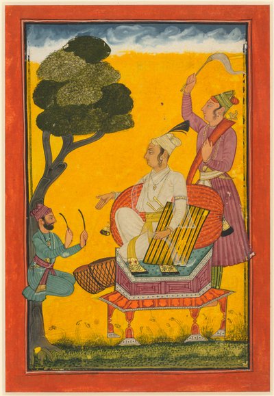 Vivaca Ragaputra，Ragamala 系列中的一片叶子，约 1700-20 年（纸面不透明水彩和金彩） 作者 印度学校