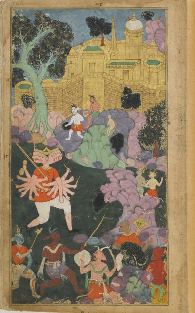 Vol.2 fol.238 Ravana和他的部队在城市之前占据了位置（不透明的水彩，墨水和金色在纸上） 作者 印度学校