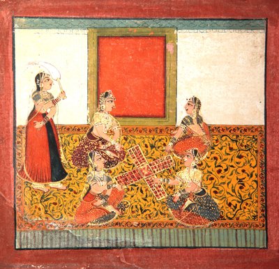 女人们玩Parcheesi，坐在黄色图案的地板上，1725年（不透明的wc和黄金在纸上） 作者 印度学校