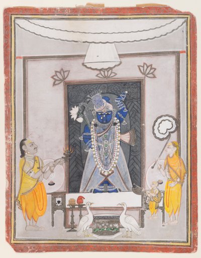 Shrinathaji的崇拜（纸上不透明的wc，金和银） 作者 印度学校