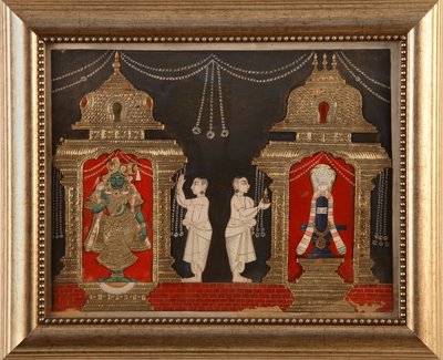 以Shivalingam，Tanjavore学校的形式崇拜Visnhu和Shiva，19世纪末期（wc＆gold on paper） 作者 印度学校