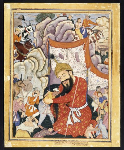 Zumurrud Shah在山上接受避难，约1570（不透明的水彩和棉布上的金） 作者 印度学校