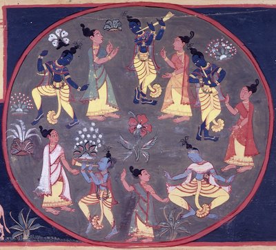 fol.142v 一圈舞者和乐师，选自杜尔加卡里亚的《梵天-瓦伊瓦塔 purana 的梵天-坎达 作者 印度学校