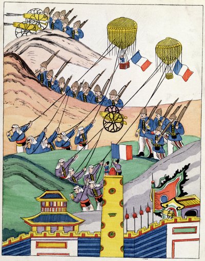 1884年征服Tonkin时使用捕获的气球显示法国军队的海报 作者 Indo Chinese School
