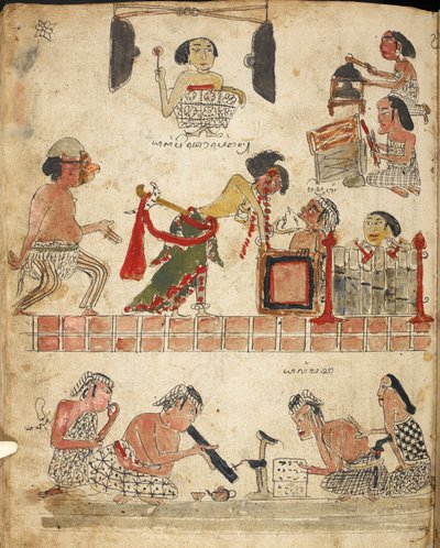 人们在演奏音乐、跳舞和吸烟，插图选自《Serat Damar Wulan》或《Damar Wulan 的浪漫》（纸张上的钢笔和墨水以及水彩画） 作者 印尼学校