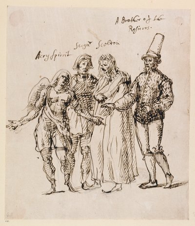 Johphiel、Merefool、Skelton 和 Scogan，约 1625 年（纸上笔墨） 作者 伊尼戈·琼斯（Inigo Jones）