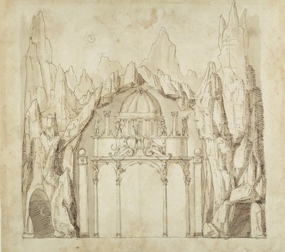 洞穴中的宫殿，约1611年（纸上笔墨）。 作者 伊尼戈·琼斯（Inigo Jones）