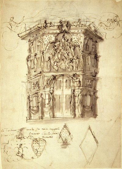 皇后的面具，场景 2：名人堂，约 1609 年（纸上笔墨） 作者 伊尼戈·琼斯（Inigo Jones）
