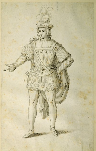 穿着英国古代服装的青年，约1611年（纸上笔墨）。 作者 伊尼戈·琼斯（Inigo Jones）