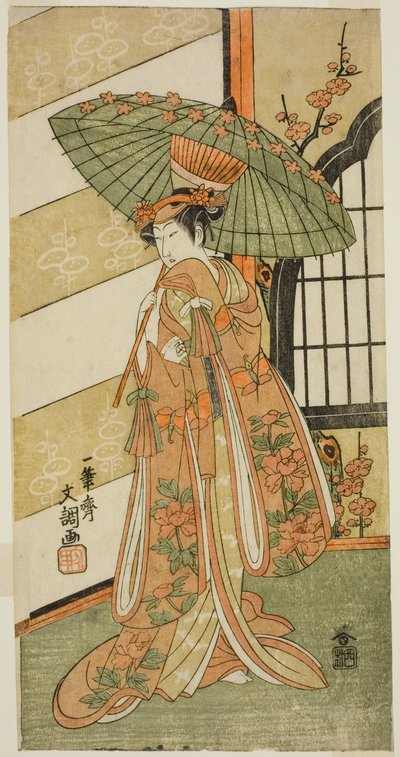 1769 年 11 月在市村剧场演出的《睦之花梅之香》中饰演西木的演员小野江玉造一世 作者 一物斋文长