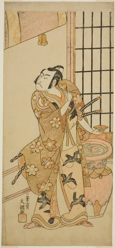 1769 年二月在市村剧院（？）演出的戏剧《江户之花若柳曾我》中饰演 Kudo Suketsune 的演员泽村宗十郎二世（？ 作者 一物斋文长