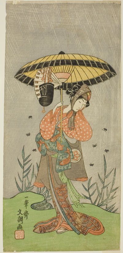 1770 年七月在森田剧场（？）上演的戏剧《夏松七和神》中饰演二条木崎的演员山下金作二世（？ 作者 一物斋文长