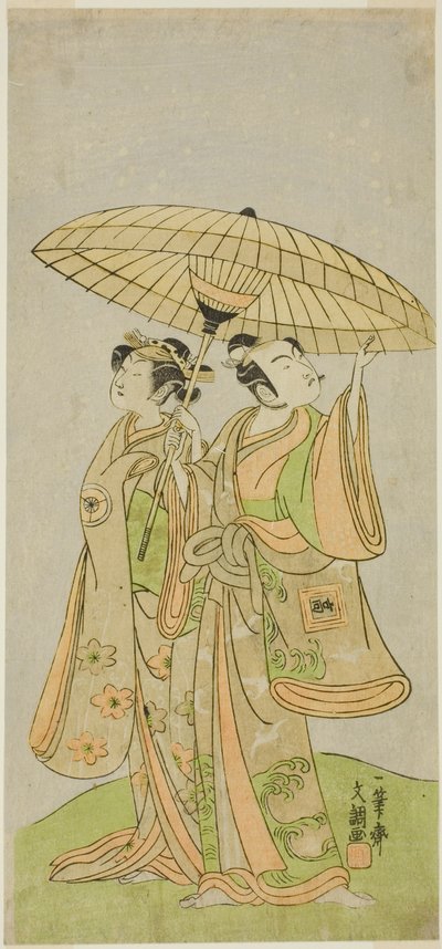 1771 年 11 月在中村剧场演出的《国之花小野之五云寺》中饰演春刚雪平（右）的演员市川小马藏二世（Ichikawa Komazo II）和饰演村佐（Murasame）的岩井半四郎四世（Iwai Hanshiro IV）（左）。 作者 一物斋文长