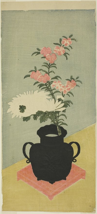 黑色花瓶中的白色菊花和粉色菊花 作者 一物斋文长