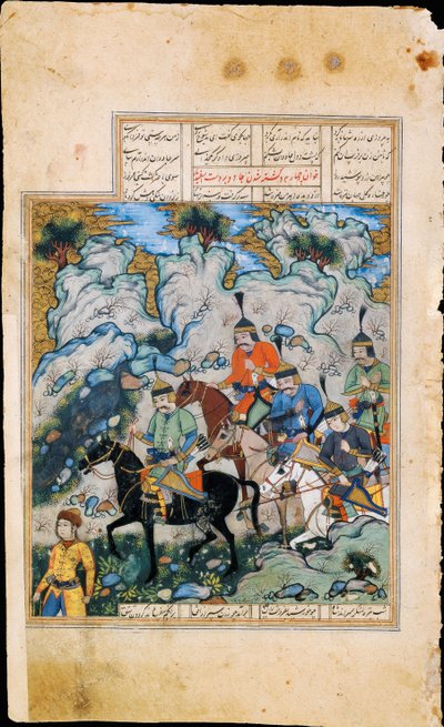 埃斯凡迪亚（Esfandiyar）和他的军队手稿由费多西（Ferdowsi）的史诗般的莎阿南（Shahname）照明 作者 伊朗大师