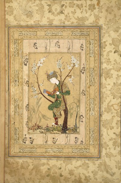 少年坐在开花的树的叉子上，1560年代 作者 伊朗大师