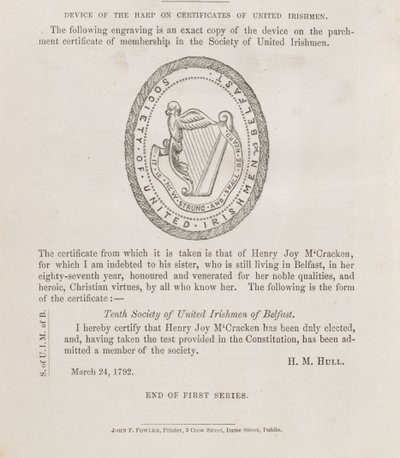 贝尔法斯特爱尔兰人联合会印章，约 1792 年（雕刻） 作者 爱尔兰学校