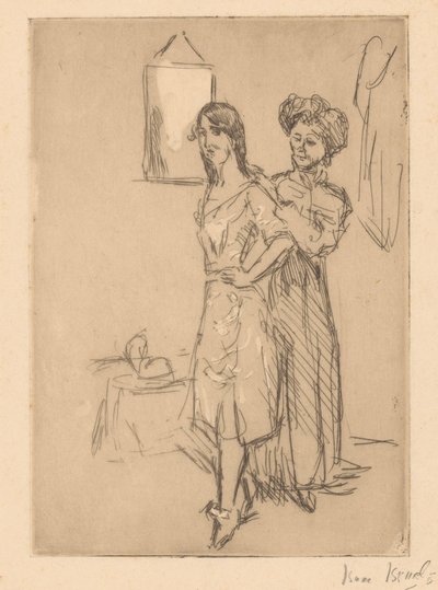 年轻女子在裁缝店
在裁缝店（物品上的标题） 作者 Isaac Israels（艺术家签名）