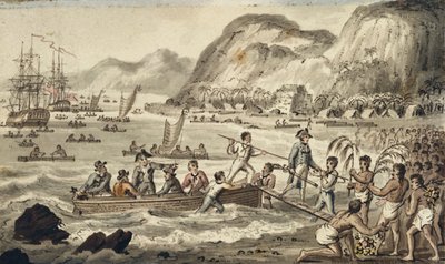 库克船长登陆Owyhee，插图取自“库克船长的航行” 作者 艾萨克·罗伯特·克鲁克香克